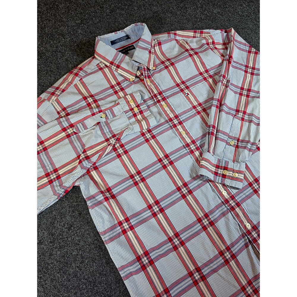 Tommy Hilfiger Mens XL Plaid Button Down Shirt Red Blue White Cotton Blend